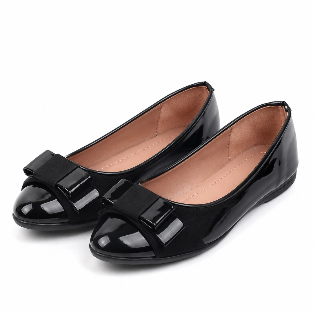 Womens Black Patent Ballet Flats  with Bow Detail
