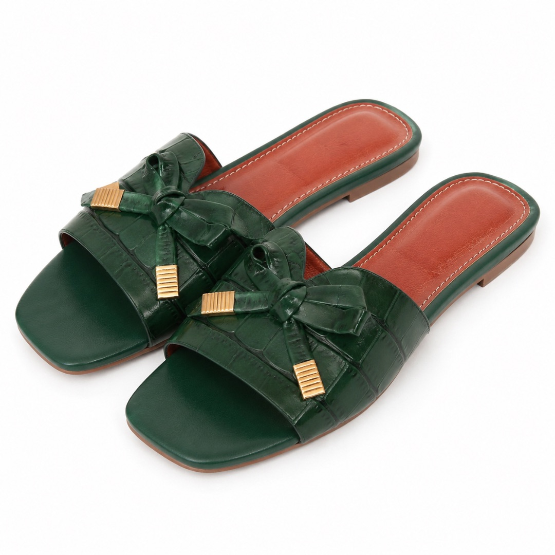 Luxury Green Croc Texture Bow Slide Sandals  for Women
