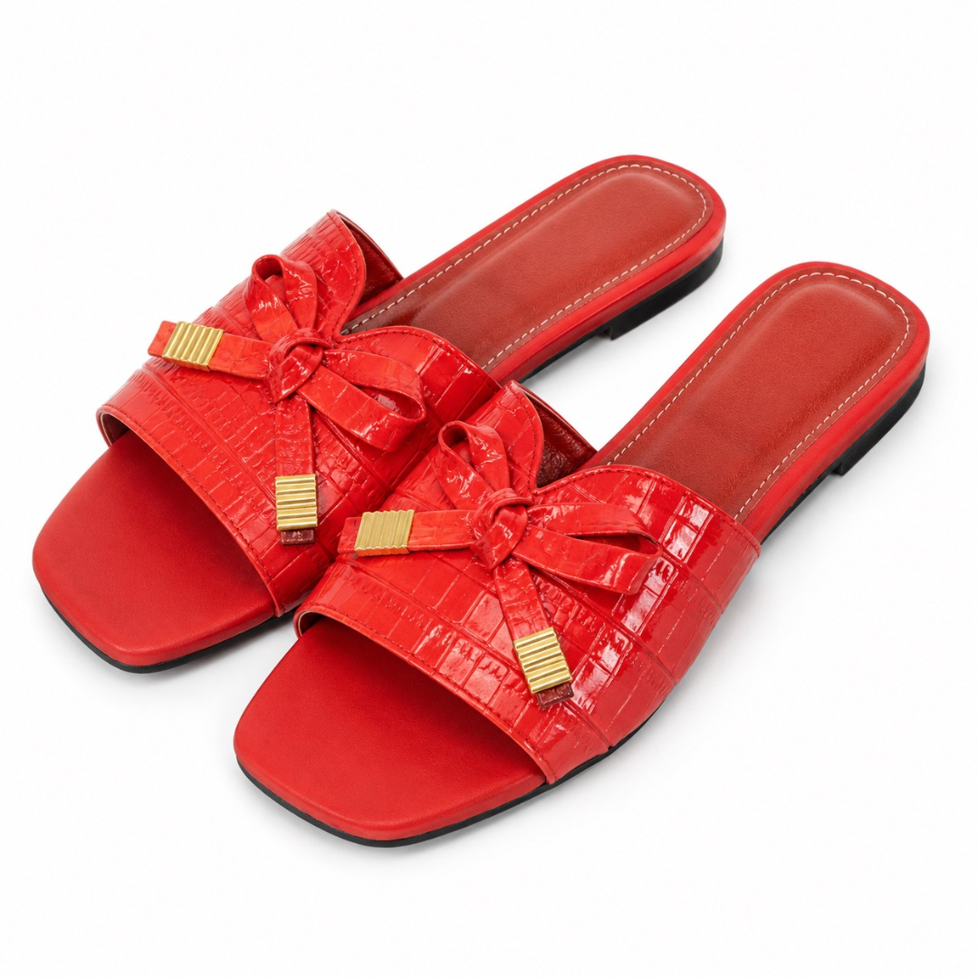 Luxury Red Croc Texture Bow Slide Sandals  for Women