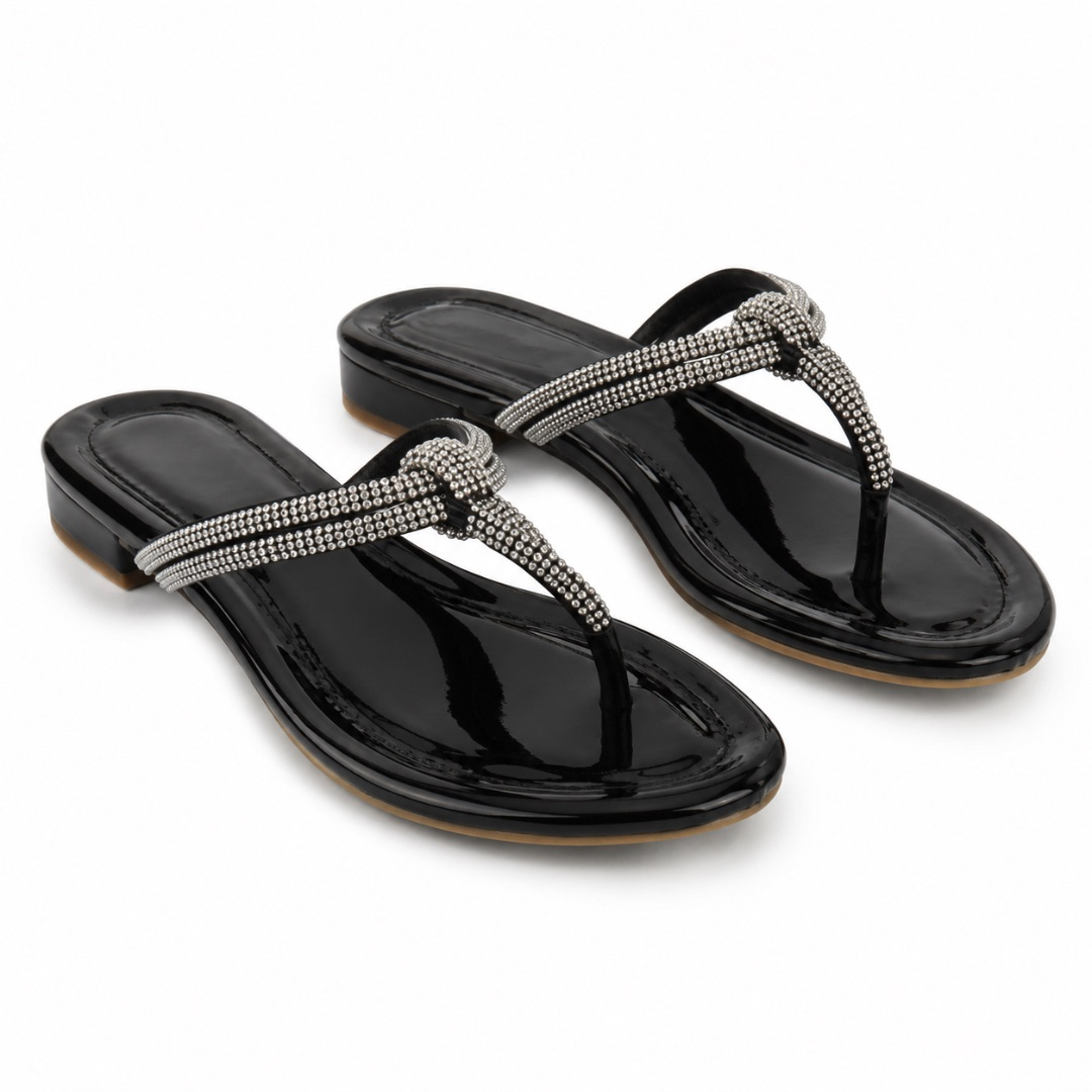 Luxury Black Crystal Rhinestone Flip Flop Sandals  for Women