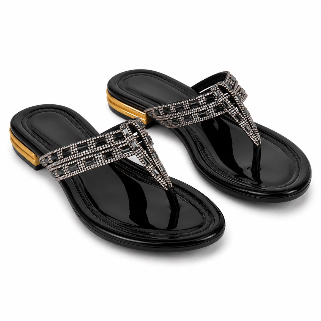 Luxury Black Rhinestone Flat Flip Flop Sandals  for Women