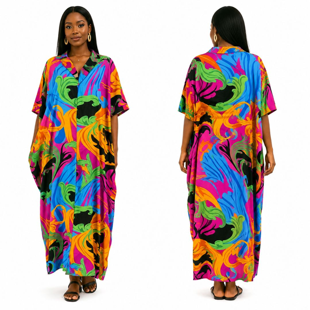 Womens Multicolor Abstract Print Loose Fit Kaftan Dress