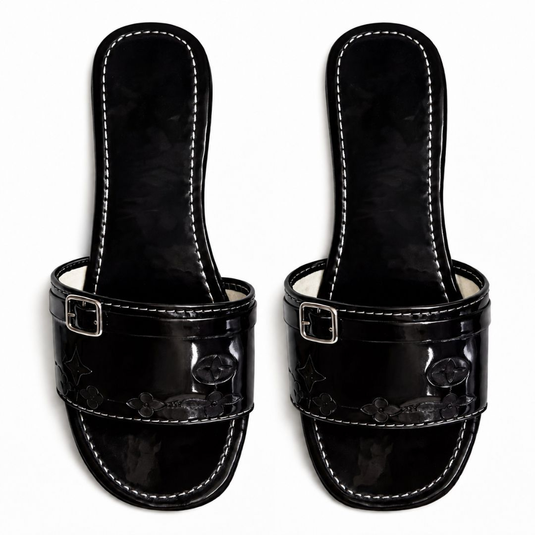 Womens Glossy Strap Flat Slide Sandals