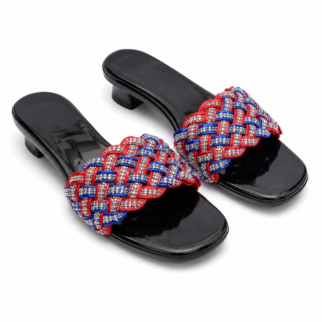Luxury Red and Blue Rhinestone Woven Low Heel Slide Sandals   for Women