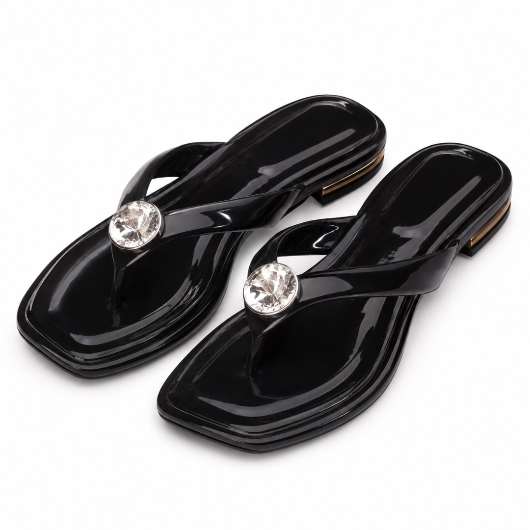 Luxury Black Crystal Accent Flat Flip Flop Sandals   for Women