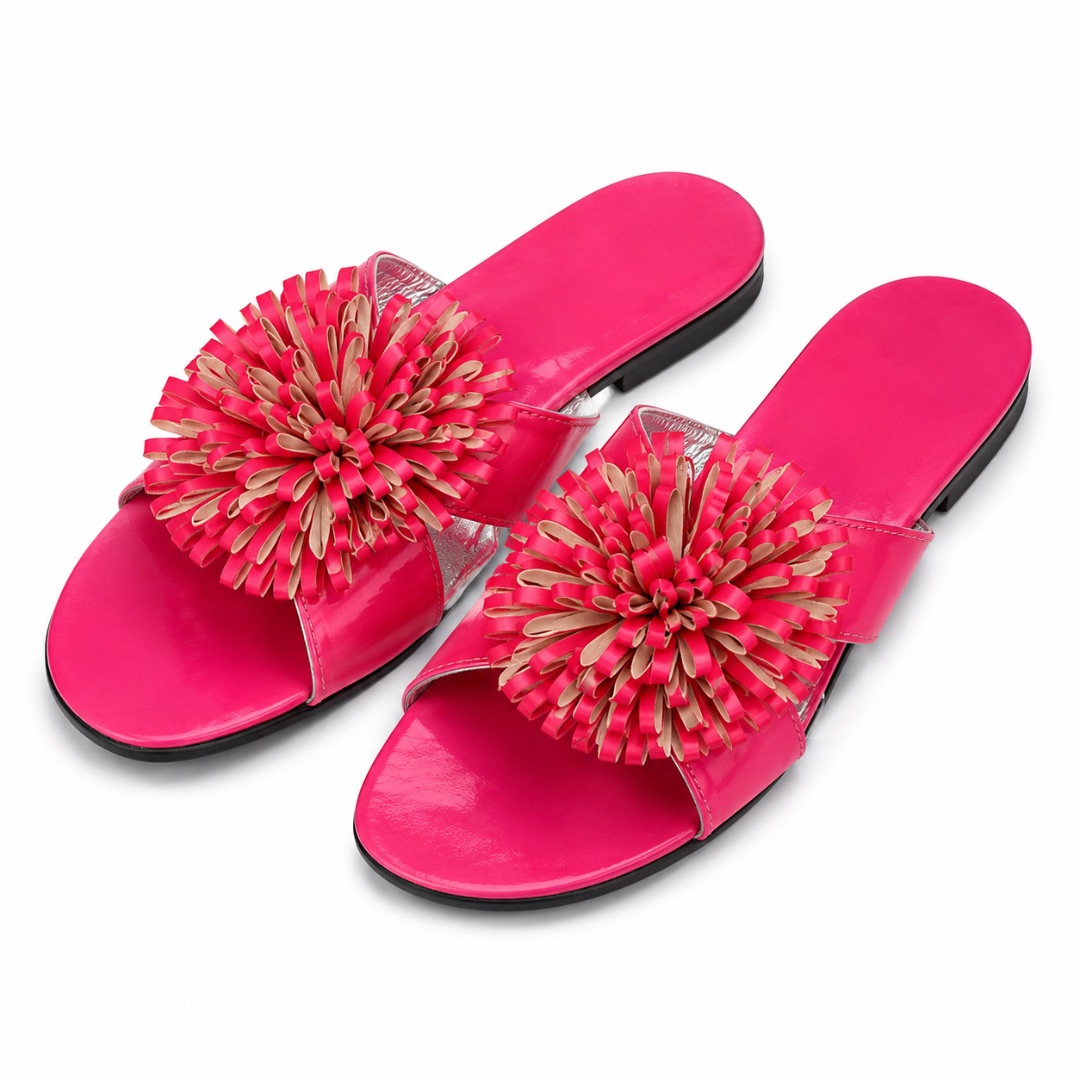 Luxury Hot Pink Floral Flat Slide Sandals   for Women