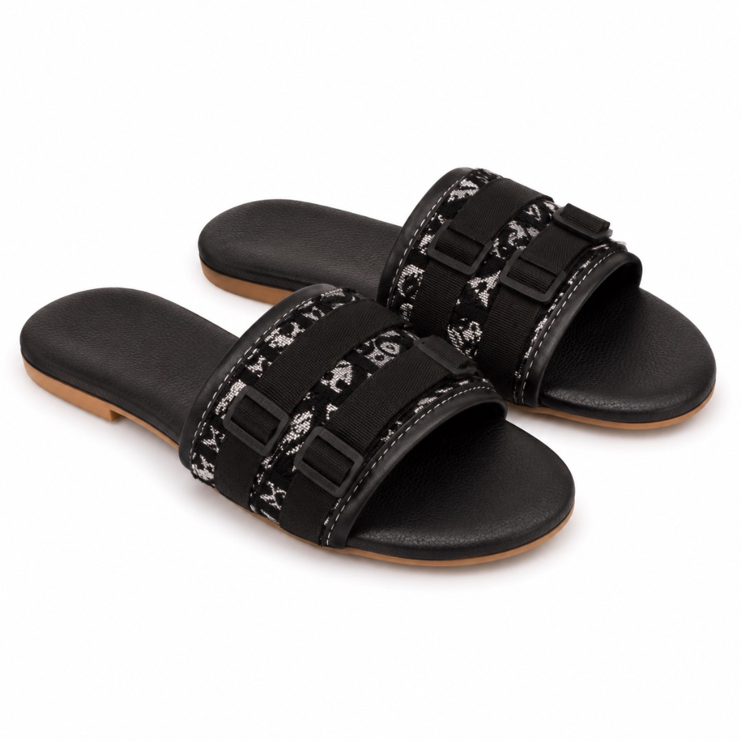 Luxury Black Patterned Double Strap Flat Slide Sandals   for Women