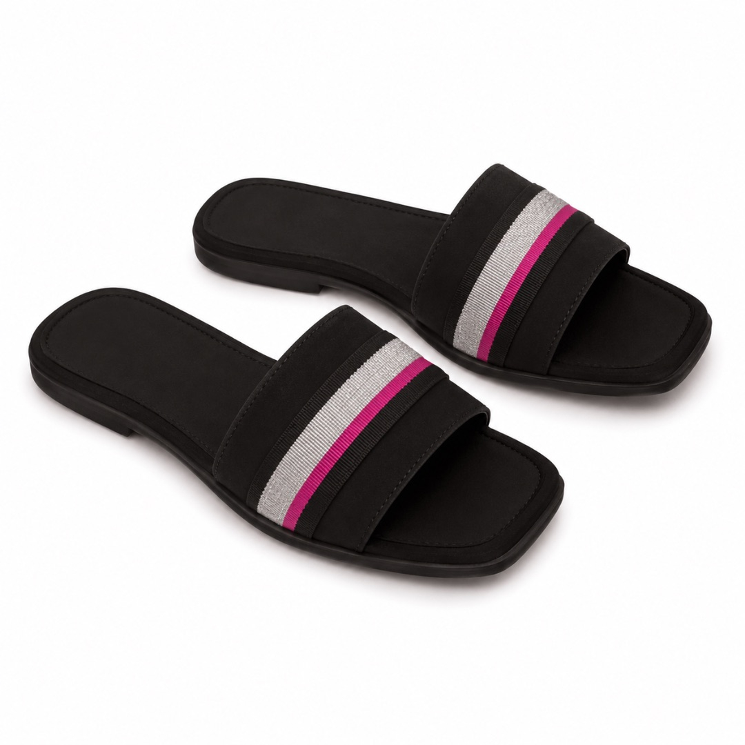 Luxury Black Stripe Detail Flat Slide Sandals   for Women
