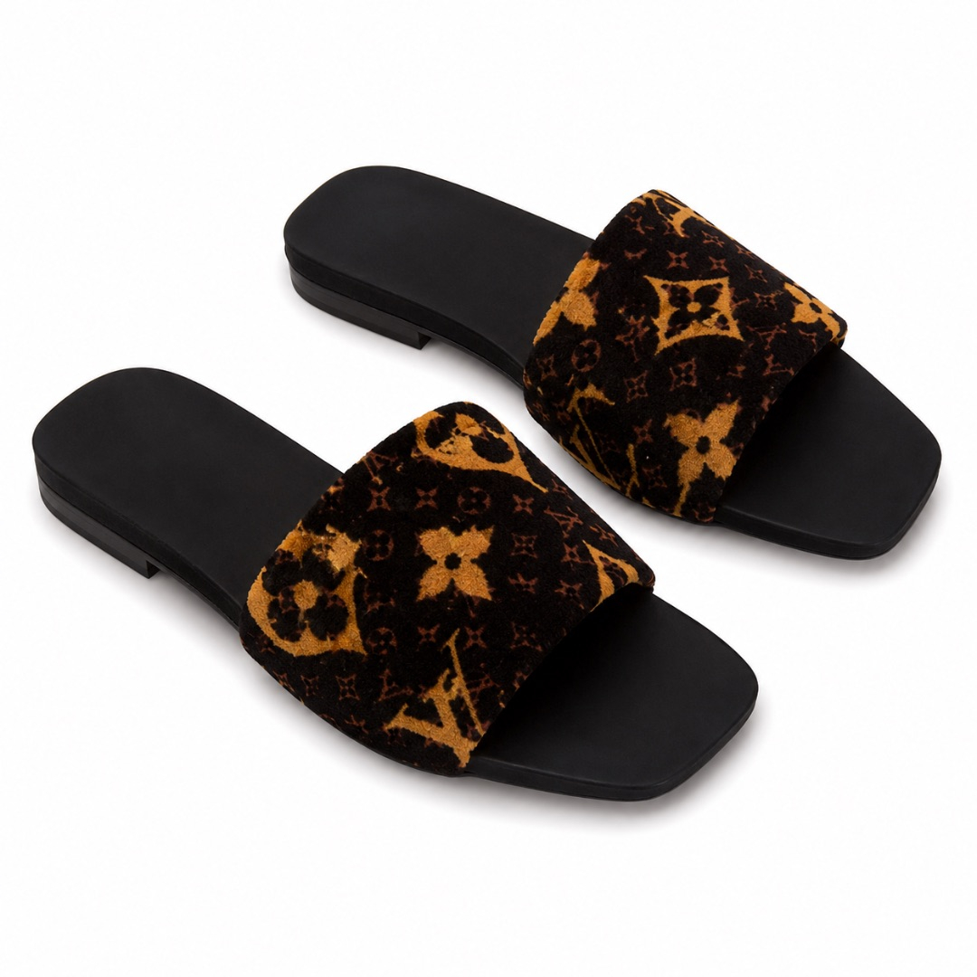 Luxury Black and Brown Velvet Monogram Flat Slide Sandals   for Women