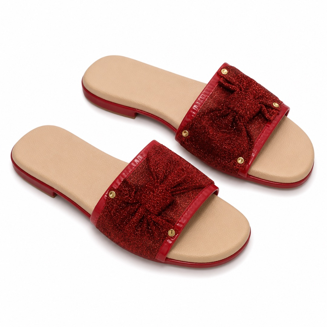 Luxury Red Glitter Bow Flat Slide Sandals   for Women