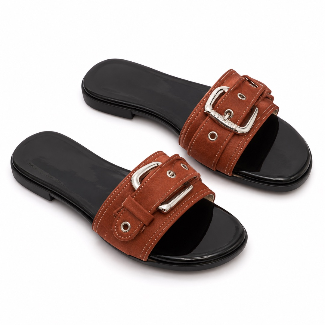 Luxury Brown Buckle Strap Flat Slide Sandals for Women