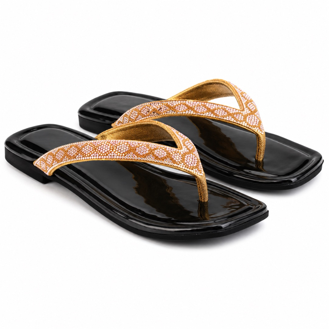 Luxury Black and Gold Rhinestone Flat Slippers   for Women