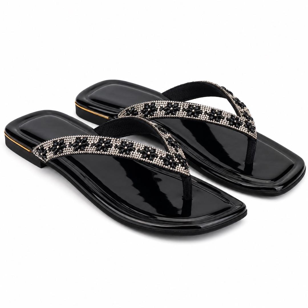 Luxury Black Floral Rhinestone Flat Sandals   for Women