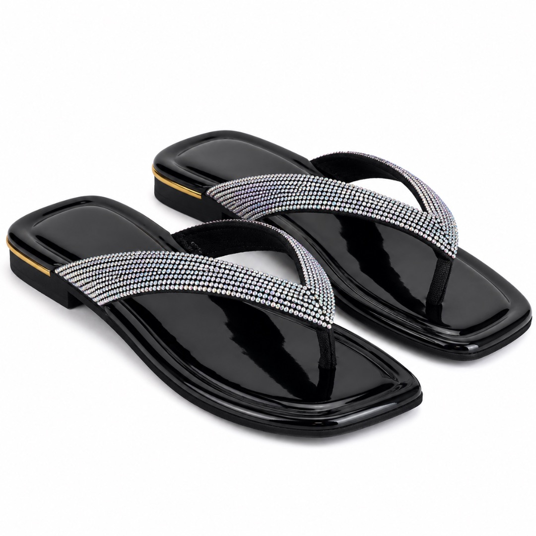 Luxury Black Crystal Rhinestone Flat Sandals   for Women