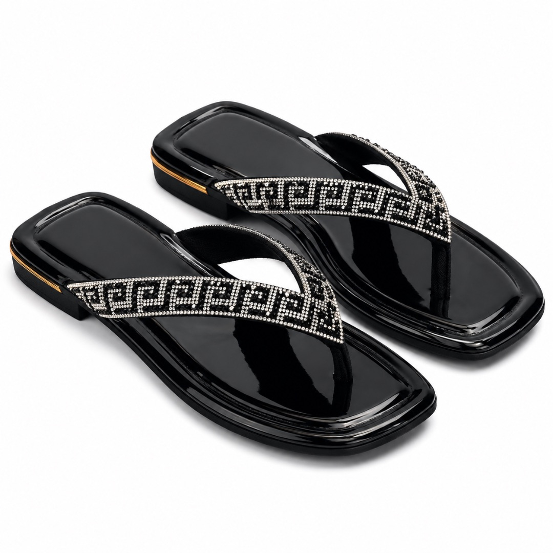 Luxury Black Greek Pattern Rhinestone Flat Slippers  for Women