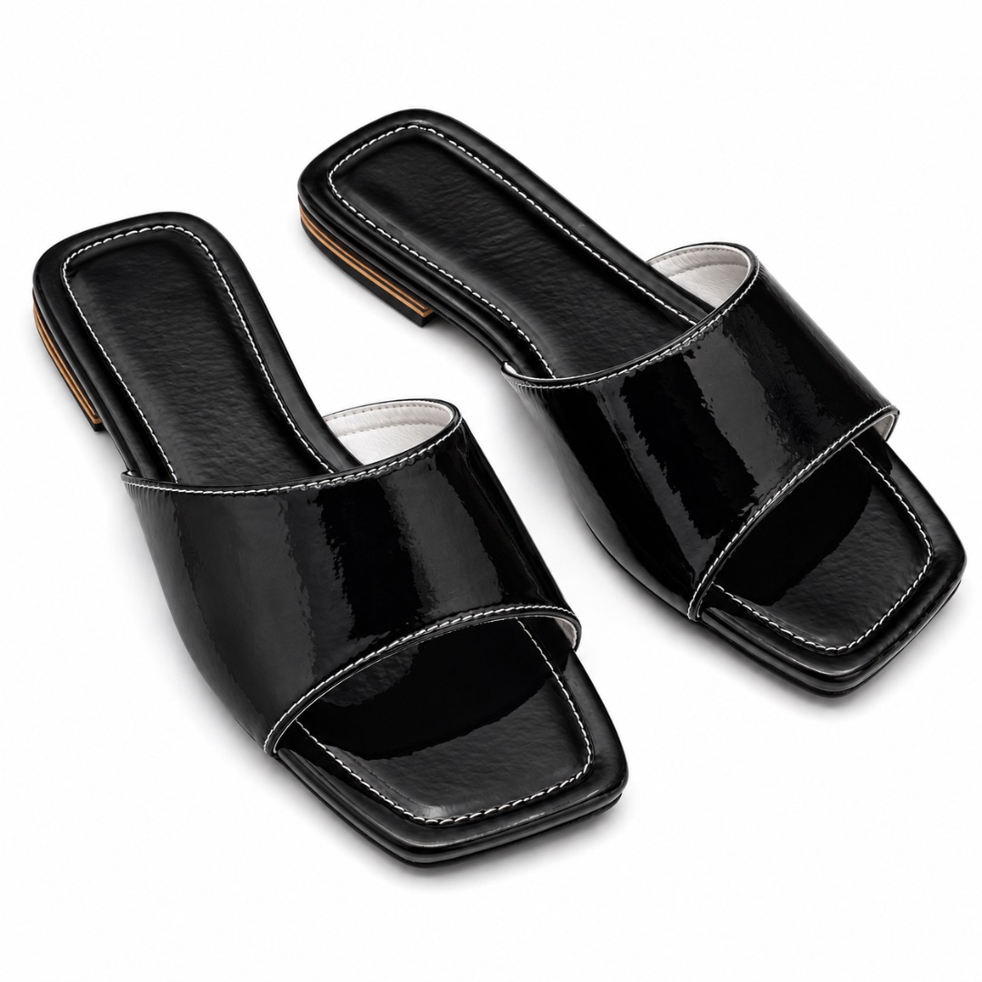 Luxury Black Glossy Square Toe Flat Slippers   for Women