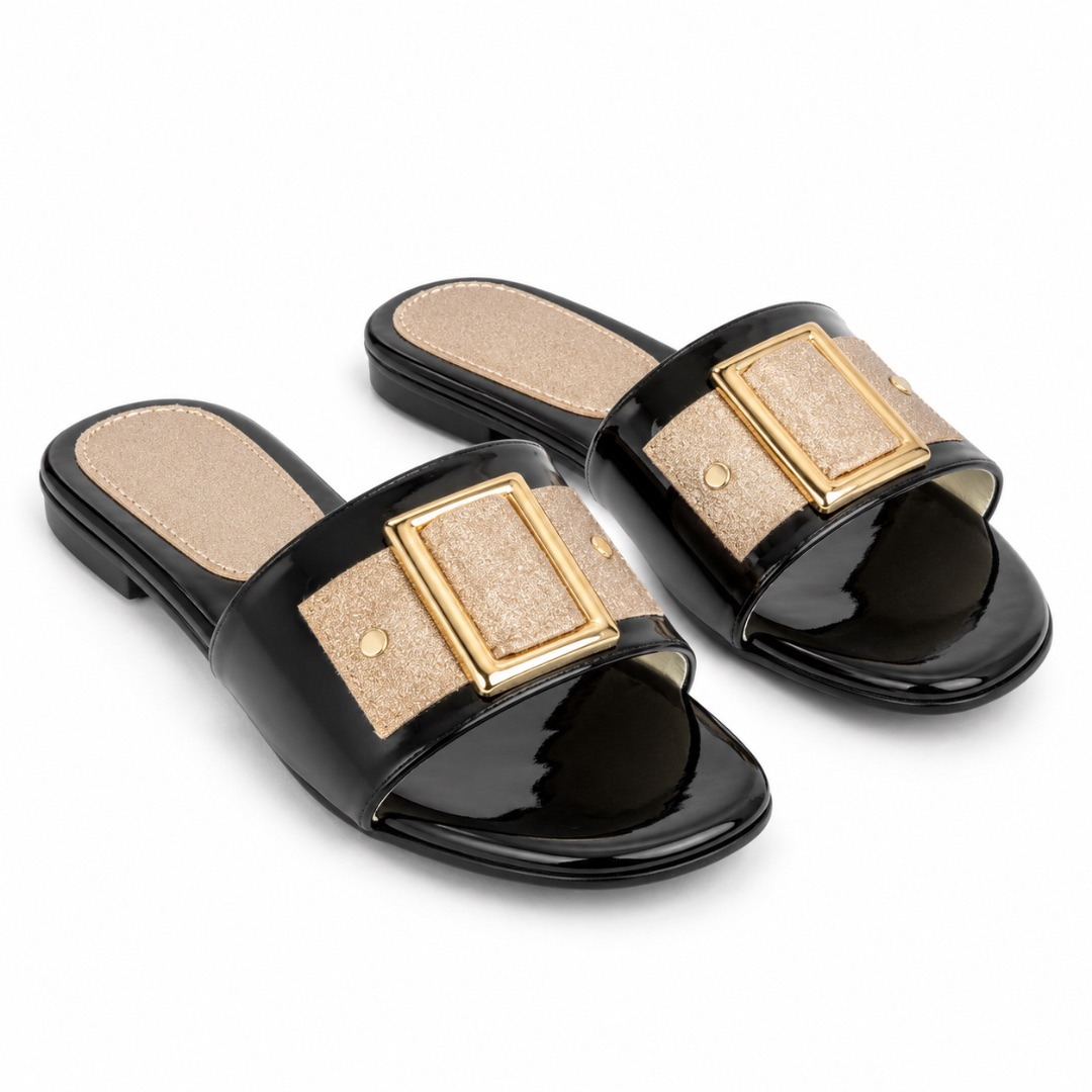 Luxury Black and Gold Buckle Flat Slippers   for Women