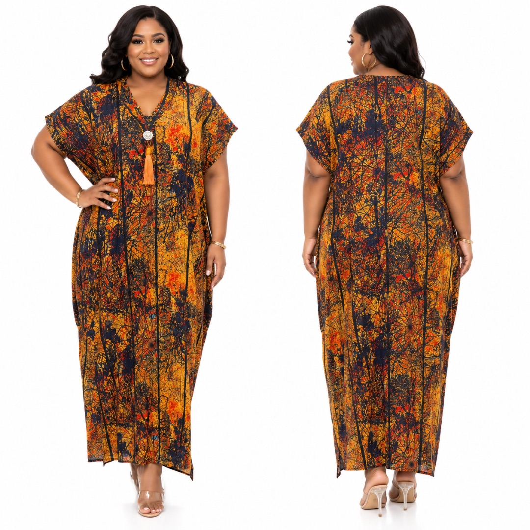 Luxury Orange Abstract Print Kaftan Maxi Dress for Women