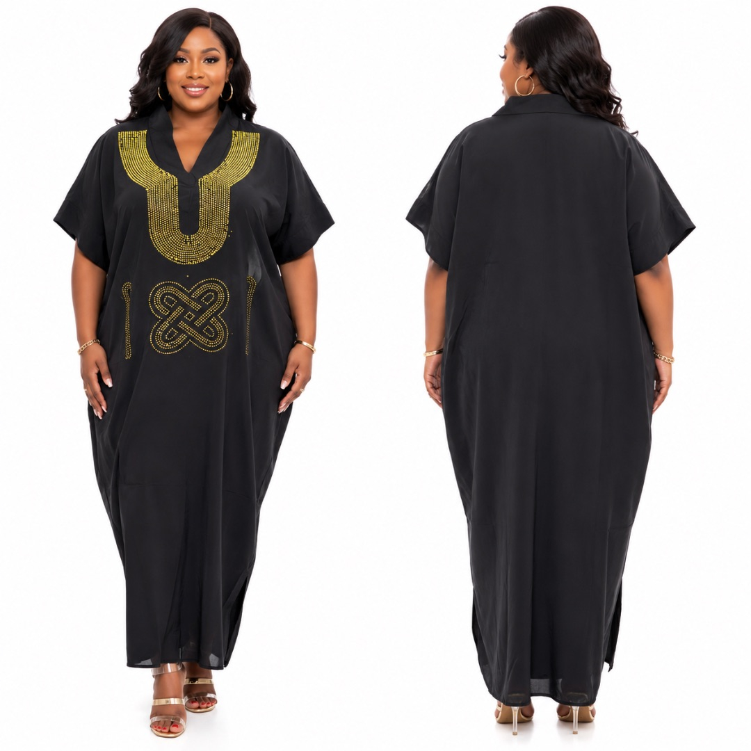 Elegant Black Rhinestone Embellished Maxi Kaftan Dress for Women