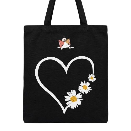 Daisy Heart Canvas Tote Bag with Matching Mini Pouch