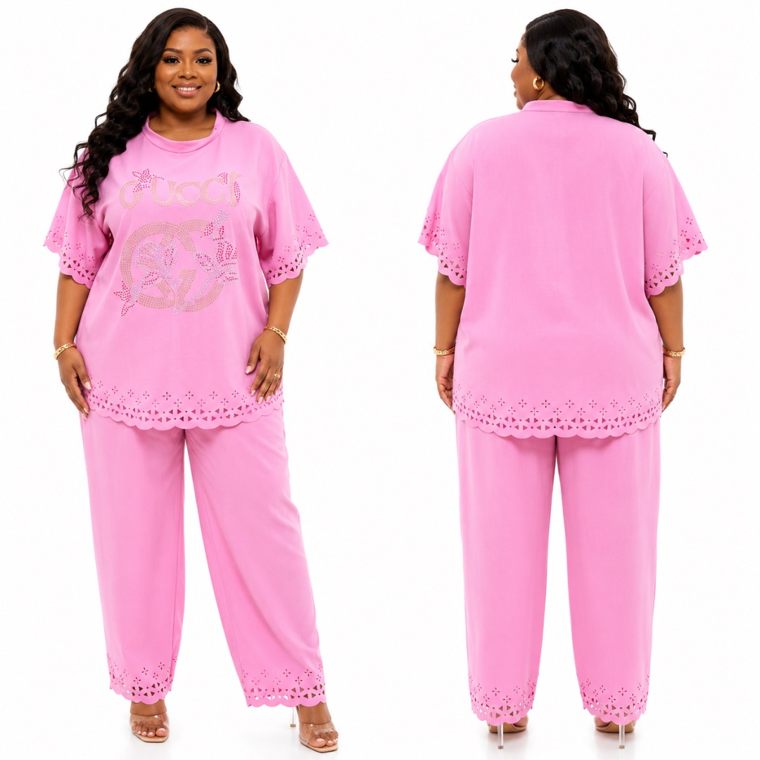 Luxury Pink Rhinestone Two Piece Lounge Set  for Women