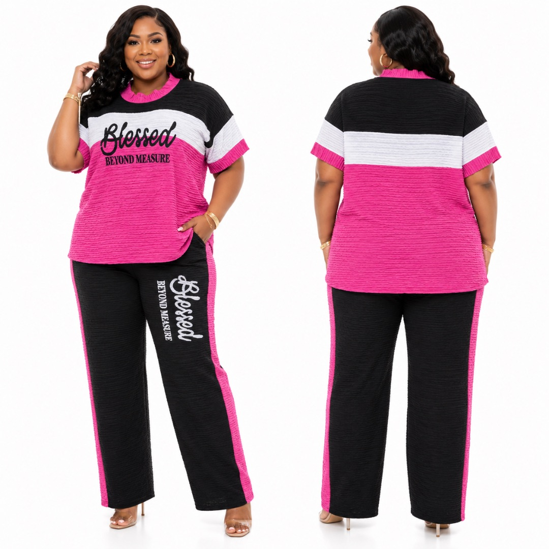Elegant Pink and Black Textured Casual Two Piece Set for Women