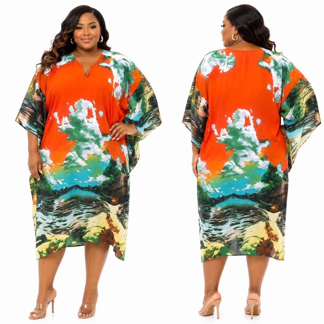 Luxury Orange Abstract Print Midi Kaftan Dress for Women