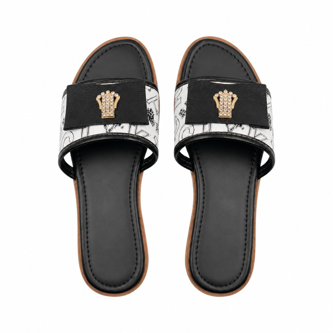 Womens Black and White Embellished Slide Sandals