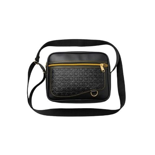 Black Leather MultiPocket Crossbody Bag with Yellow Zipper