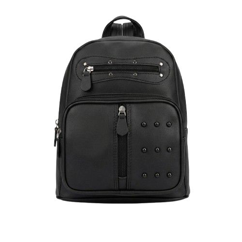 Black Faux Leather Backpack with Stud Details and Gold Tone Apple Accent