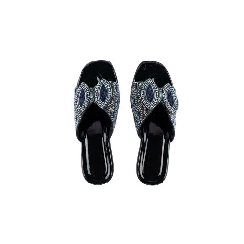 Black Patent Leather Deep Blue Crystal Mesh Flat Slide Sandals