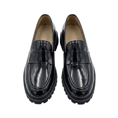 Mens Black Patent Leather Loafers with Metallic Vamp Hardware