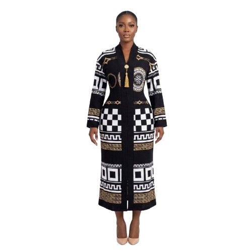 Monochrome Geometric Pattern Kimono Jacket with Gold Accents