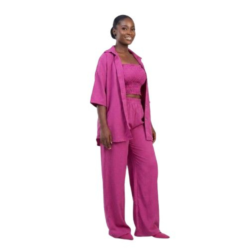 Three Piece Smocked Tube Top Oversized Shirt and Wide Leg Pants Set