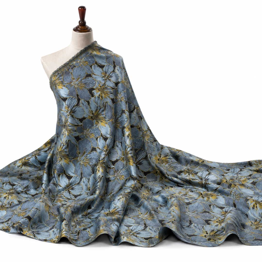 Luxury Dusty Blue Floral Brocade Fabric Material
