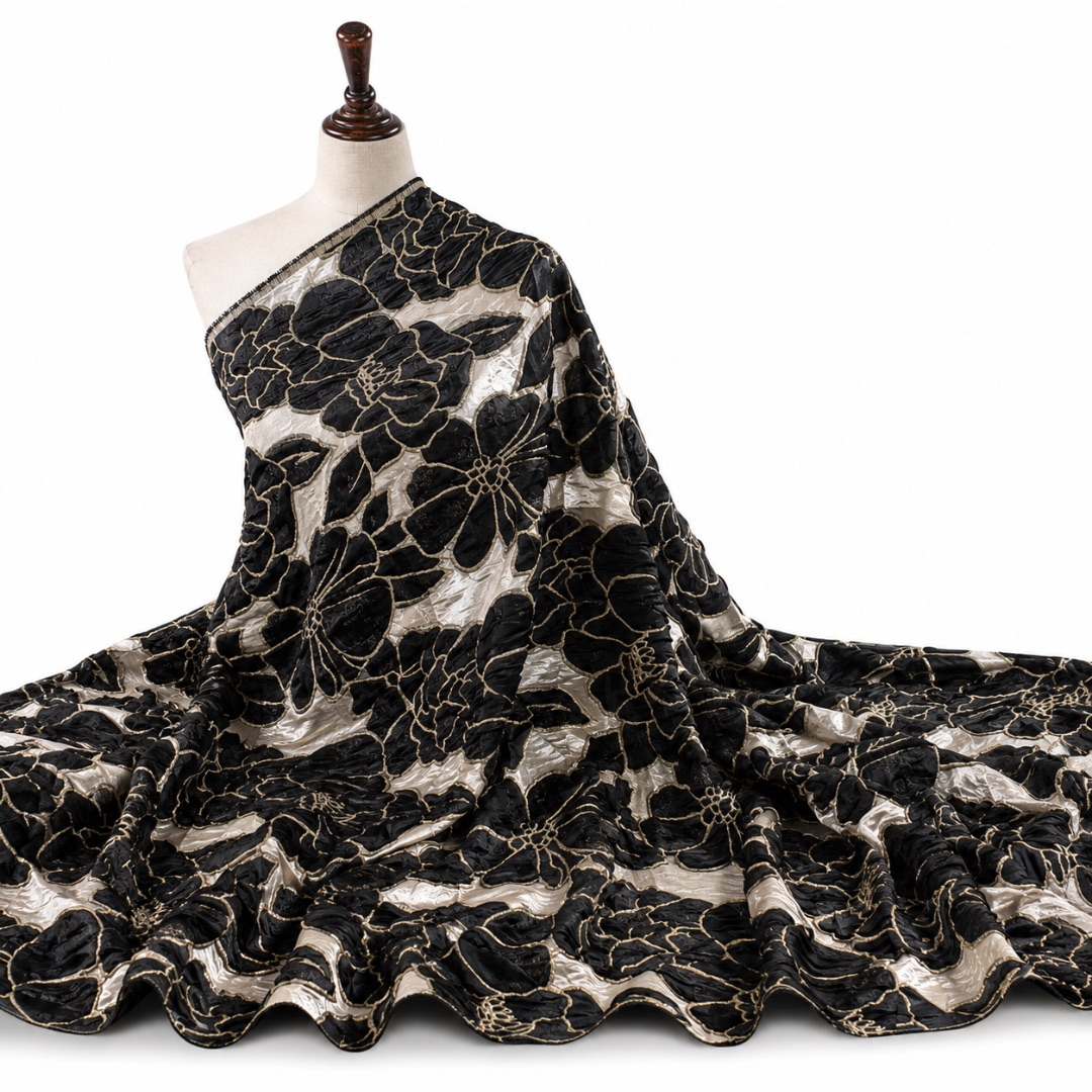 Luxury Black Floral Brocade Fabric Material