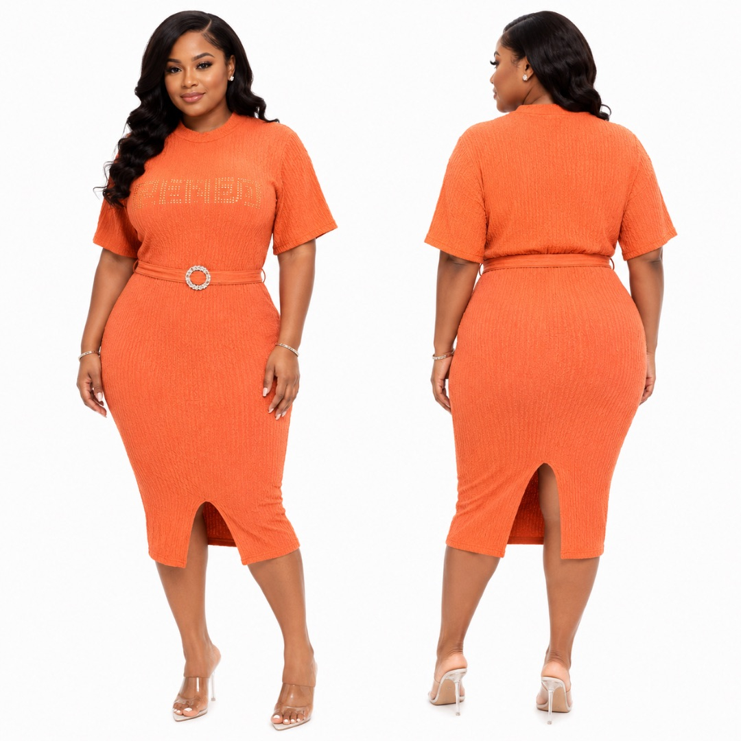 Elegant Orange Bodycon Midi Dress for Women