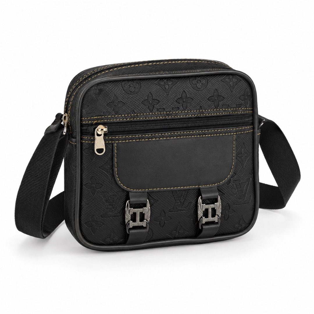 Black Embossed Faux Leather Crossbody Bag with Front Pocket