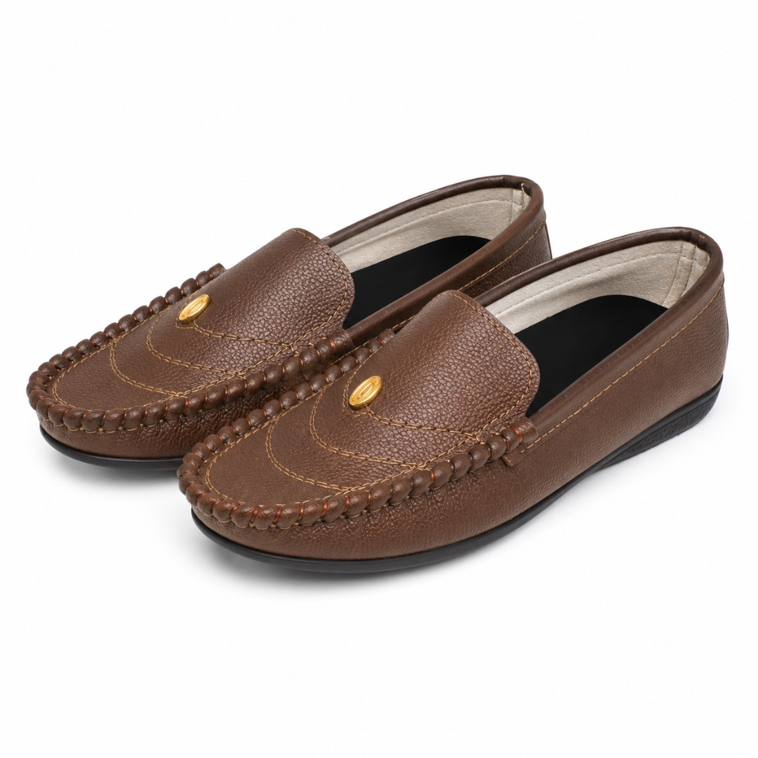 Brown Textured Leather Loafers with Handcrafted Stitch Detail