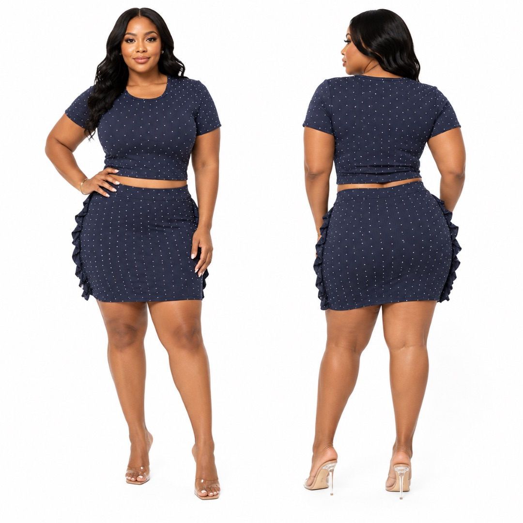 Black Ribbed Rhinestone Crop Top and Mini Skirt Set