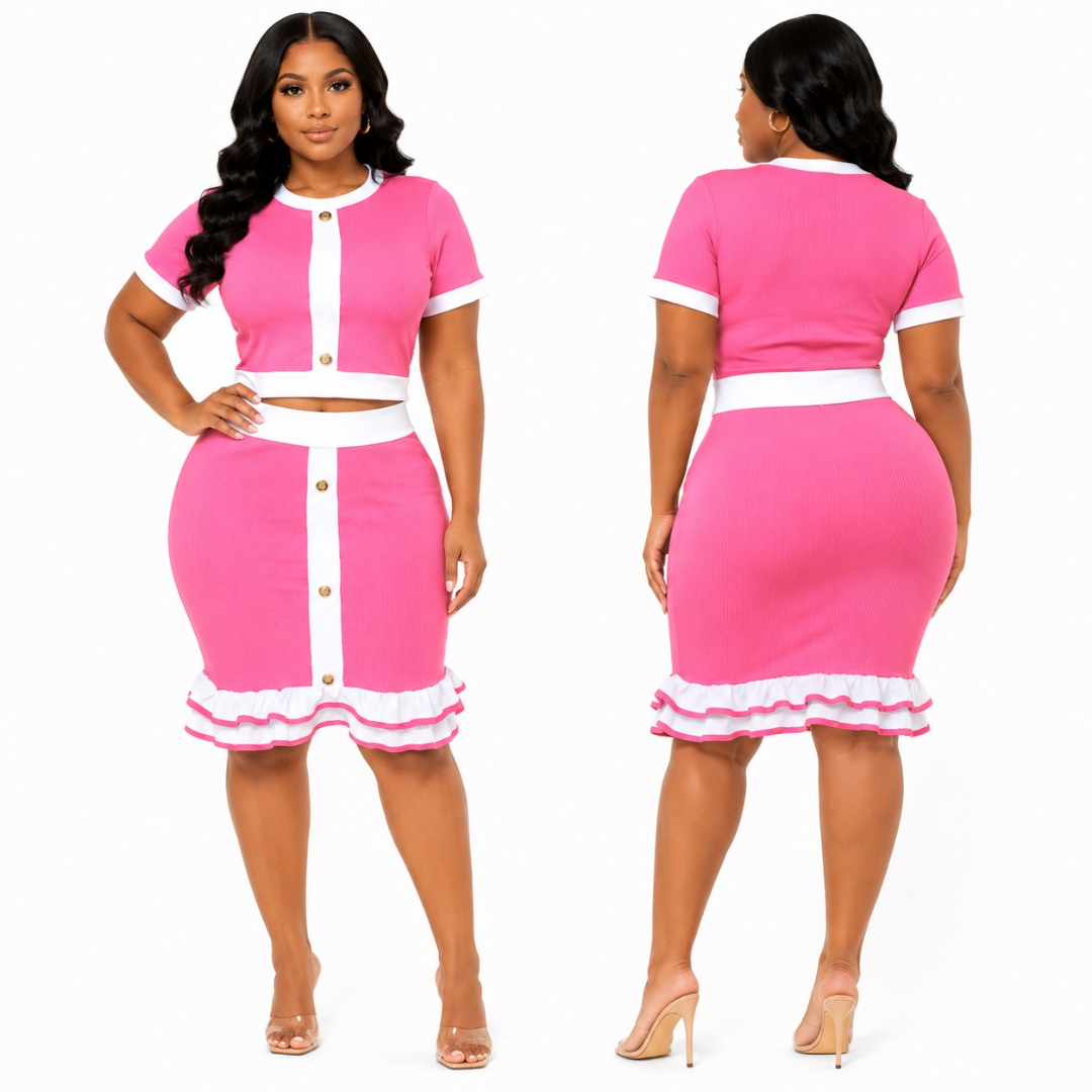 Pink Ribbed Two Piece Skirt Set with Ruffle Hem