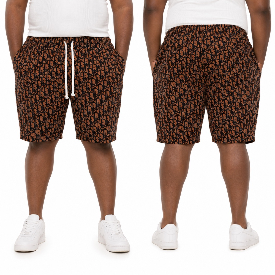 Mens Brown Monogram Casual Drawstring Shorts