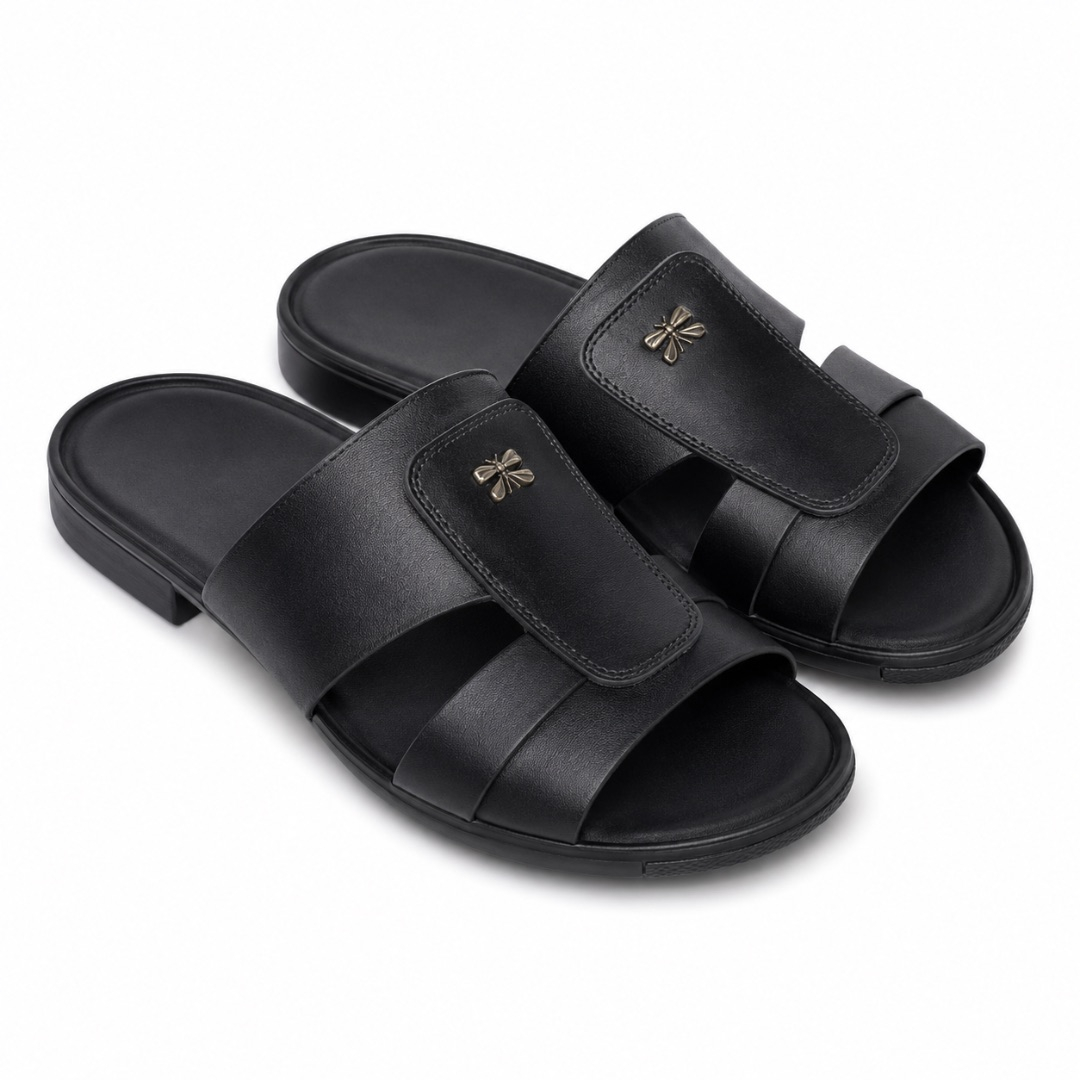 Mens Black Luxury Double Strap Leather Slides