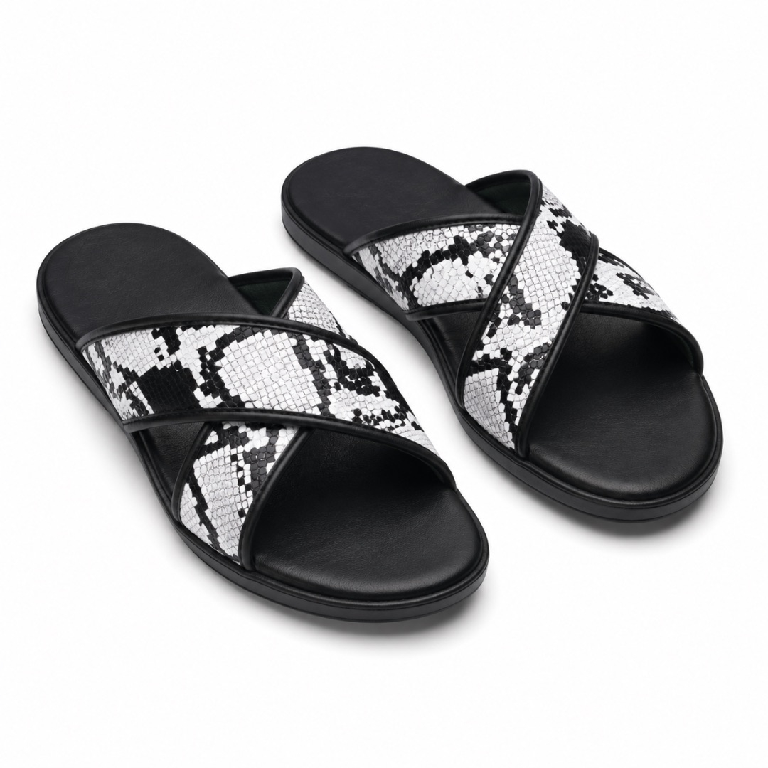 Mens Black and White Snakeskin Cross Strap Slides