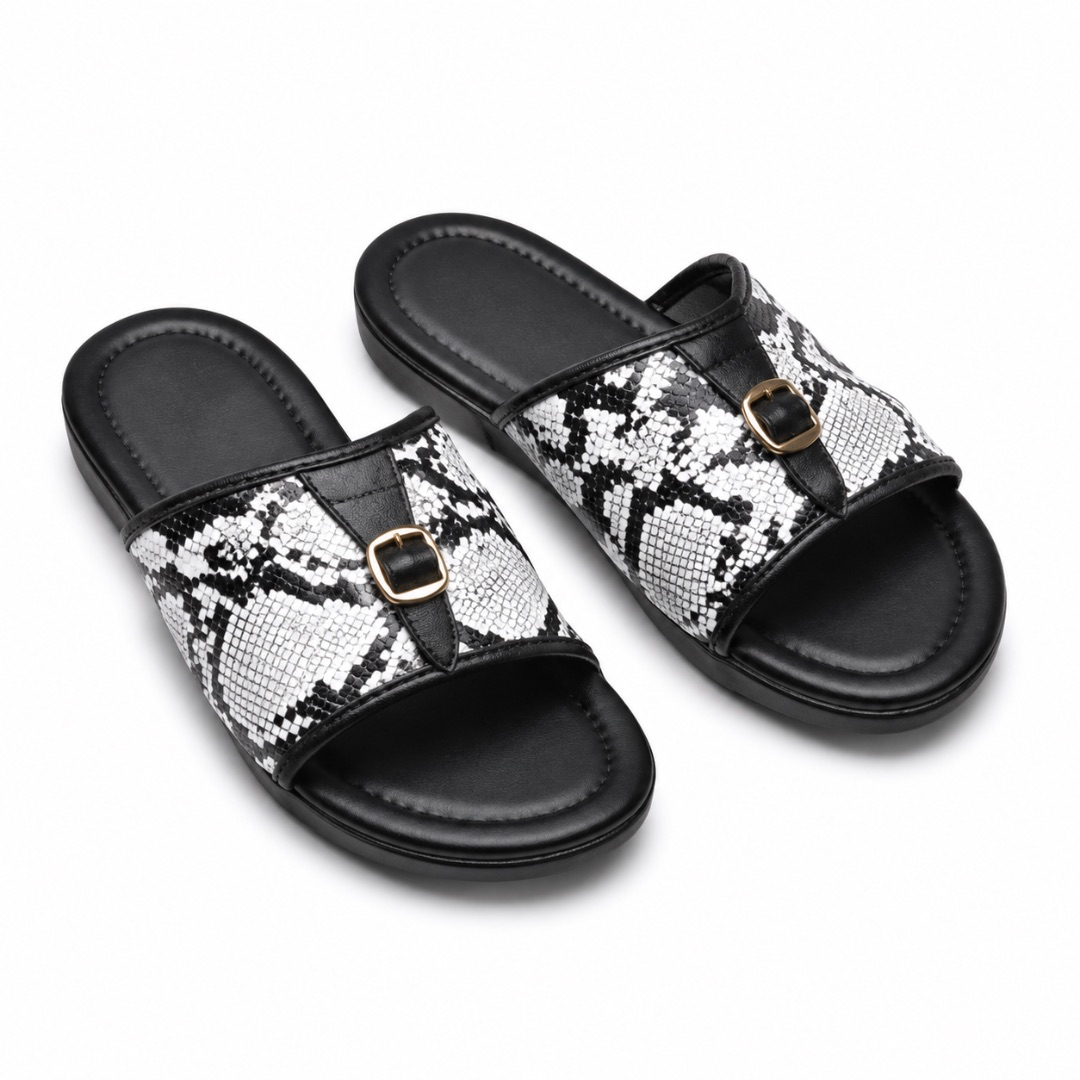 Mens Black and White Snakeskin Buckle Slide Sandals