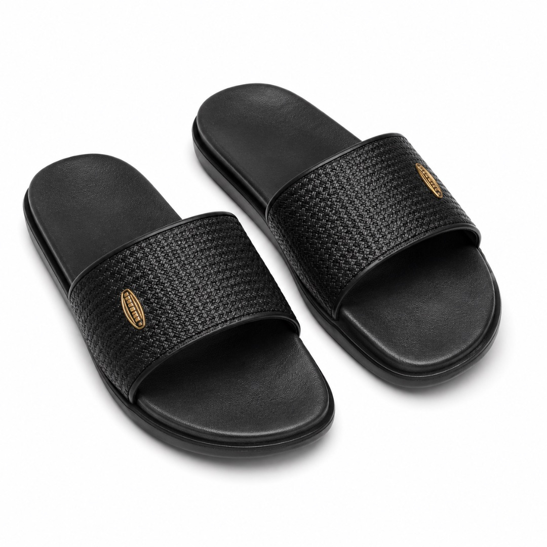 Mens Black Woven Texture Luxury Slide Sandals