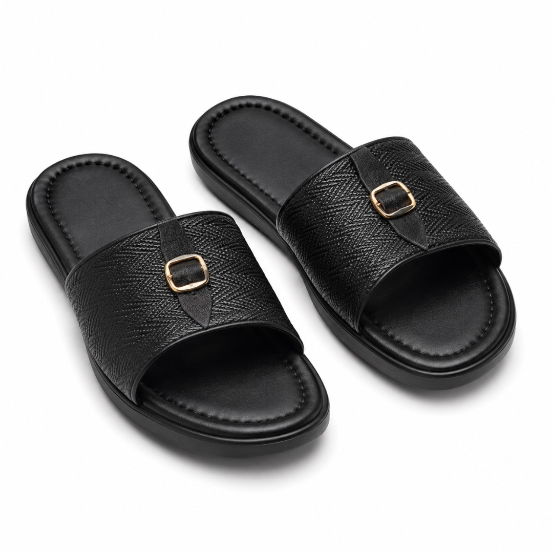 Mens Black Textured Buckle Slide Sandals