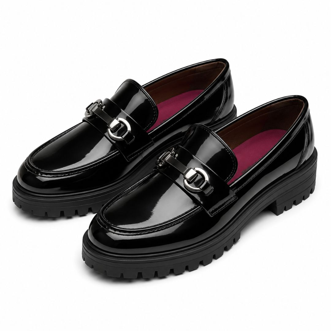 Patent Leather Loafers with Silver Bit and Rugged Sole