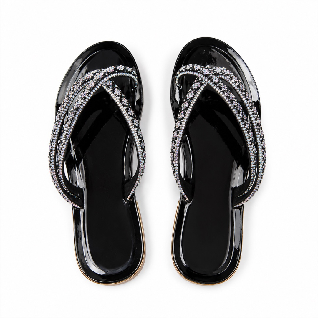 Womens Black  Rhinestone  Thong Sandals