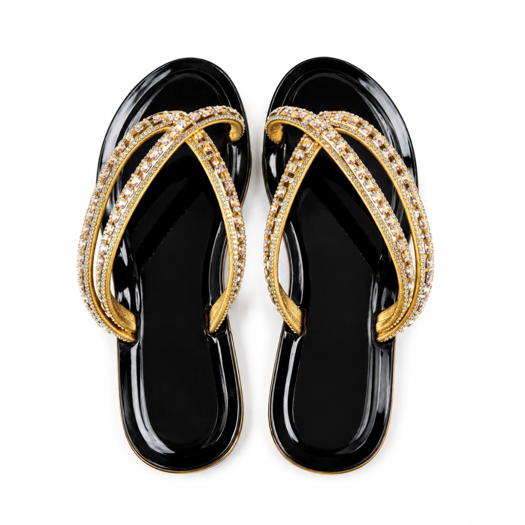 Womens Black and Gold Rhinestone Luxury Flip Flops